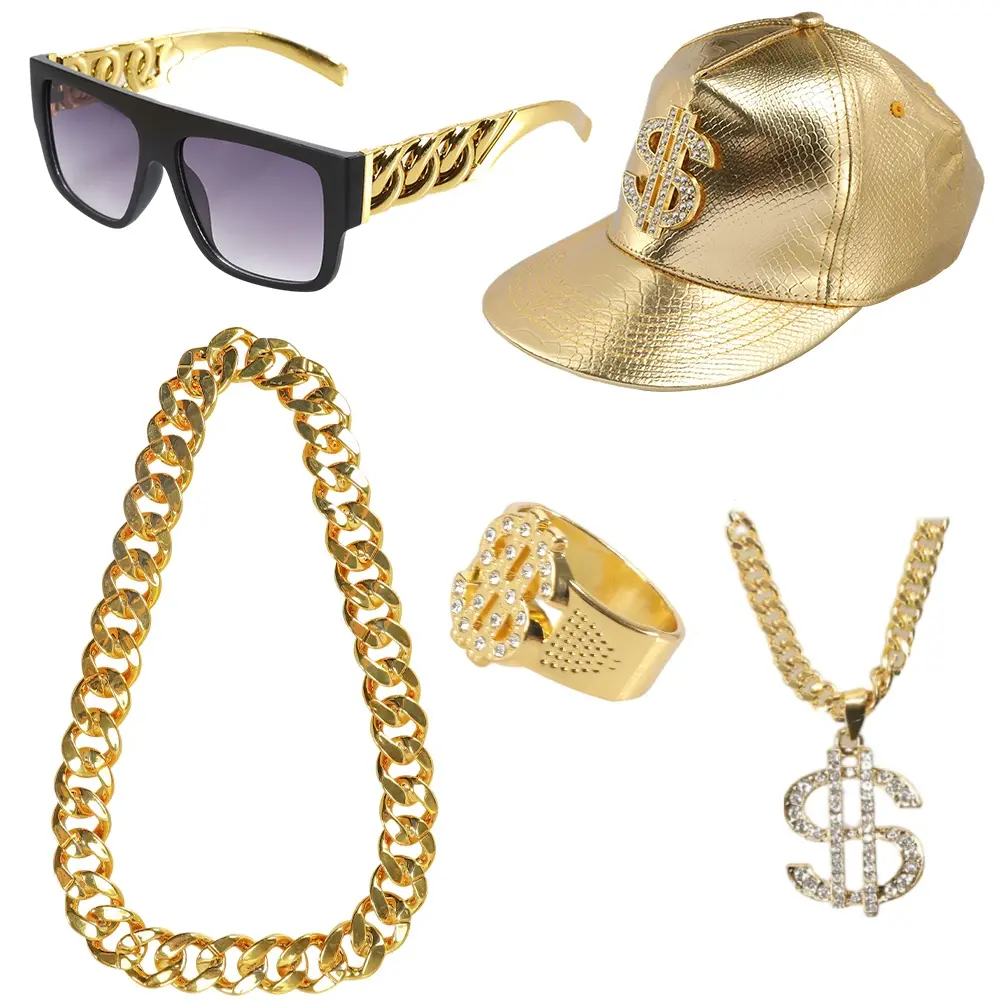 5 Pcs Hip-Hop Costume Accessory Set – Gold Dollar Sign Hat, Chain, Sunglasses & Ring for Rapper Costumes, Halloween Parties, and Themed Events