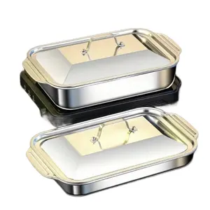 ￼ 2 Sets of Stainless Steel Baking Pans with Lids-Non-stickrectangular roasti