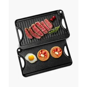 fathersdaygift VEVOR Reversible Grill/Griddle, 14x8.5 inch Pre-Seasoned Cast Iron Griddle, Portable Rectangular Pan with Handle, Family Cookware for Indoor/Outdoor Stove Top Burner, Gas, Camping BBQ, Black