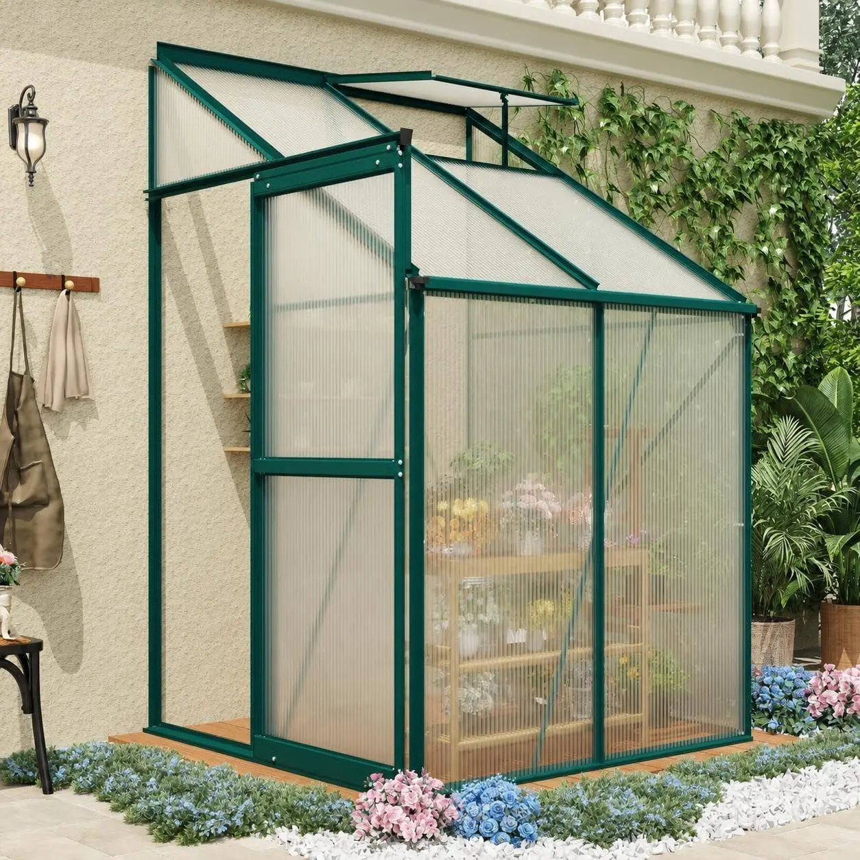 Portable 4x4 FT Rectangular Lean-to Polycarbonate Walk-in Greenhouse Kit, Single Unit Outdoor Winter Greenhouse with Sliding Door, Adjustable Vent Window, Portable Setup