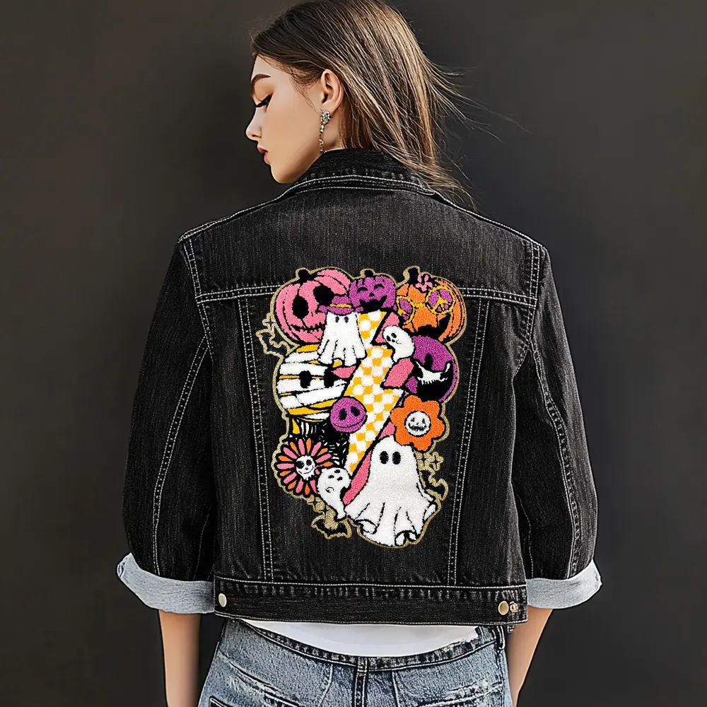 Halloween Chenille Embroidered Iron-On Patches - 11.1in x 9.6in Massive Size, Spooky Halloween Designs (Ghost, Skull, Pumpkin, Tombstone), Easy-Apply DIY Accessories with Embroidered Details for Boys, Girls, Clothes, Bags, Sweatshirts
