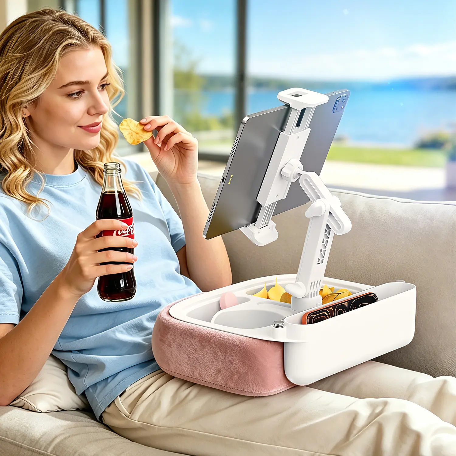 eSamcore Tablet Pillow Stand with Snack Tray, Adjustable Arm & Stable Weighted Base - Holds 4.7-14.6" Smartphone, Tablet, Kindle, Laptop - Soft Wash-Clean Cover for Hands-Free Mount Viewing on Bed, Couch