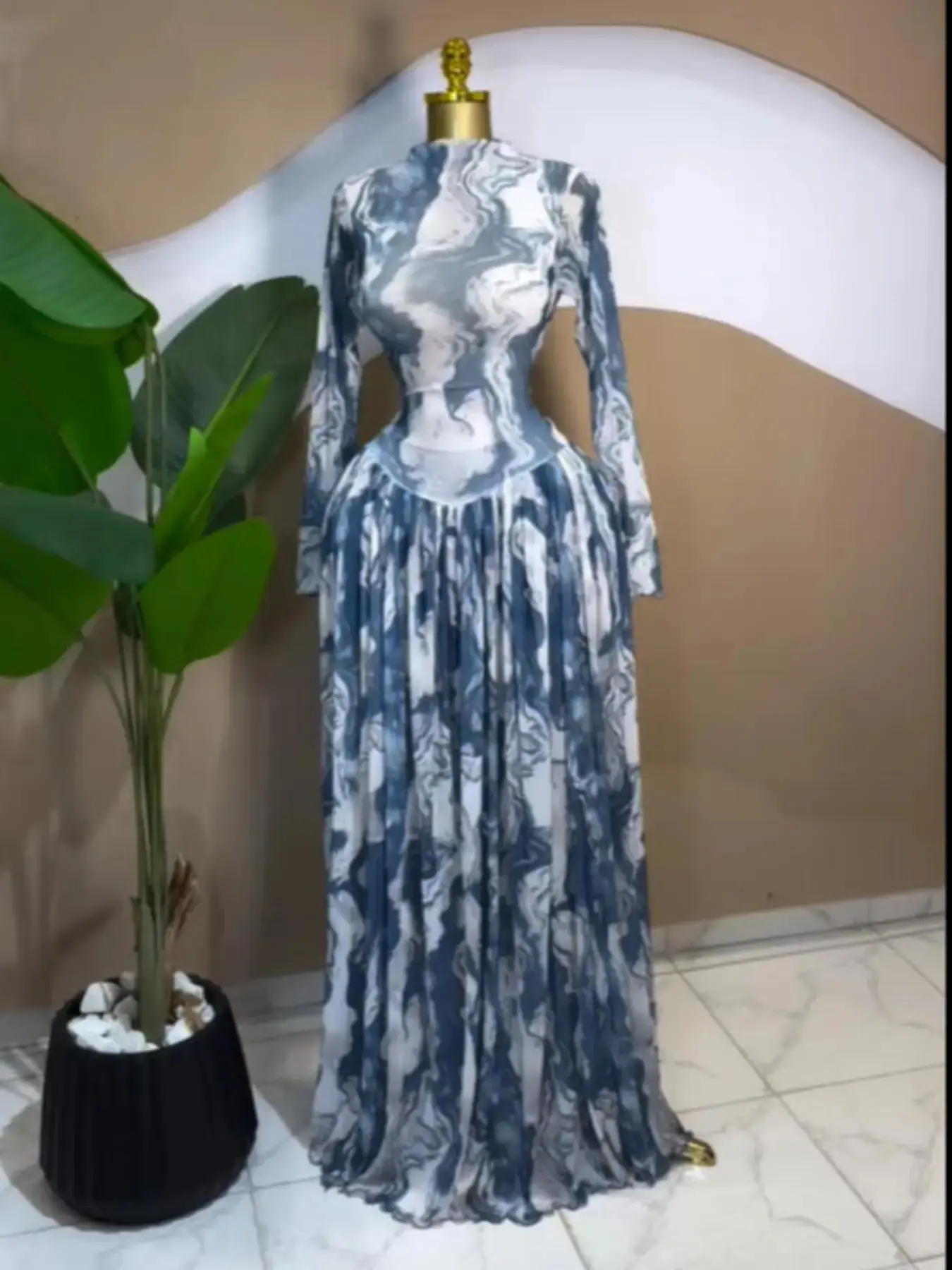 PULKRITU Women's Long Sleeve Tie Dye Print O-Neck A-Line Prom Dresses, Formal Wear, Elegant Chic Evening Party Outfit Gown, Perfect for Birthdays and Special Occasions,Lady Red Skirt,Engagement Dress