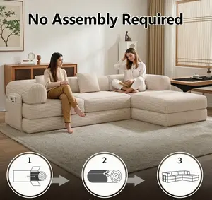 L-Shaped Convertible Modular Sofa Bed with Chaise Lounge, Corduroy Fabric Sofa, Storage Bag, Fixed Single Shape, Oversized Plush Boneless Velvet, Foldable Chenille Sectional, Cloud Down Blend Loveseat, Modern Comfy Indoor Living Room Family Furniture