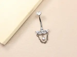 14g Titanium Belly Button Ring, Floral Lotus Dangling Chain Belly Ring, Marquise Gem Charm Belly Piercing Jewelry, Navel Body Jewelry