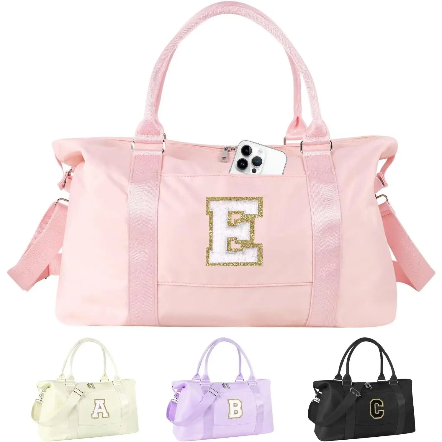 Dance Gym Duffel Bag for Teen Girls, Personalized Initial Travel Weekender Bag,Cute Overnight Carry On Duffle for Women,Sports Travel Cheer Bag,Monogram Birthday Gifts for Tween Preppy(pink-E)