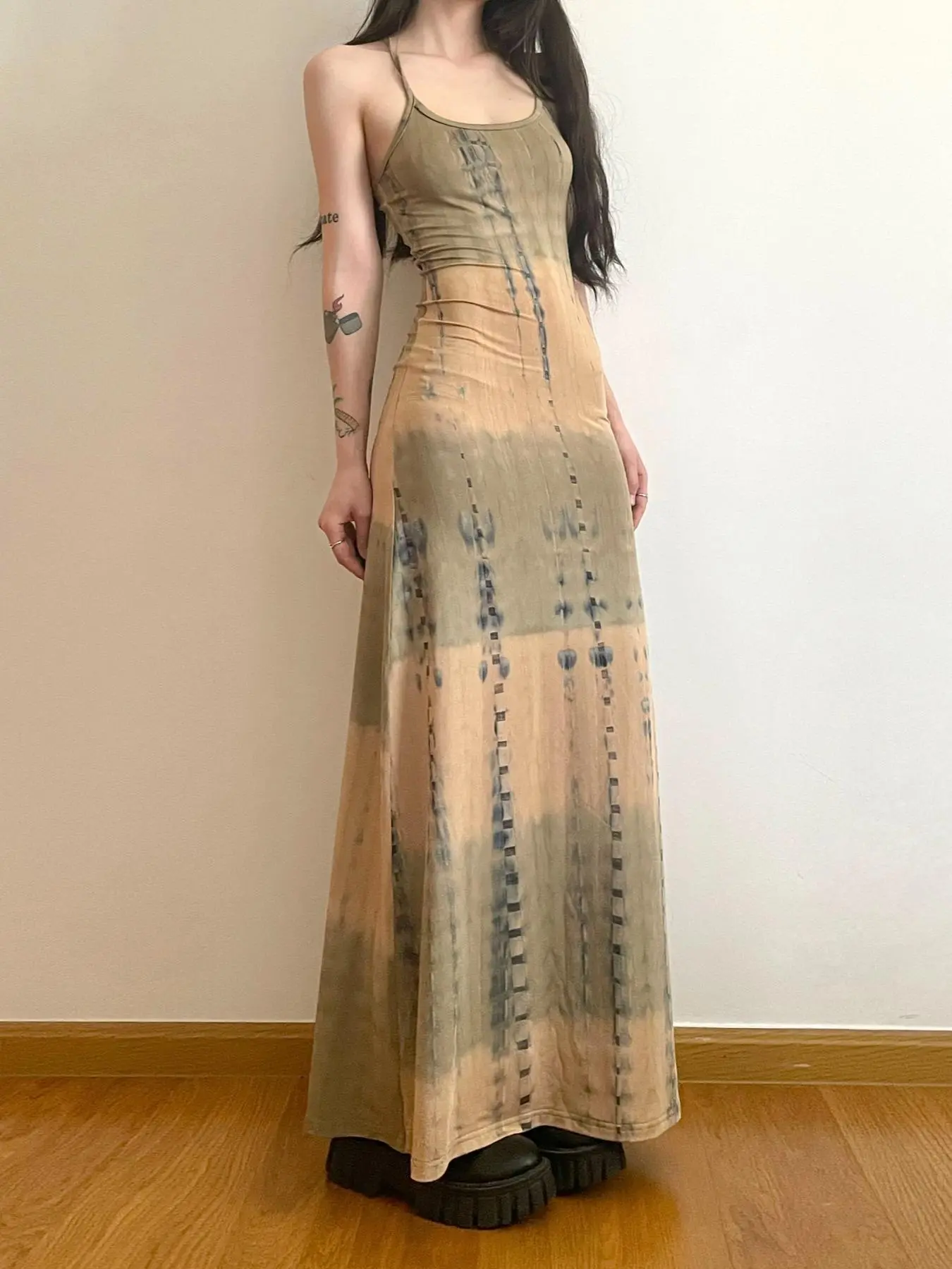 Women's Tie Dye Print Cami Maxi Dress, Spaghetti Strap Boho Bohemian Sleeveless Dress for Beach, Holiday & Vacation, Ladies Summer Clothes