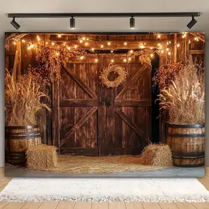 Vintage Country Farmhouse Background Banner, 1 Count Warm Light String Design Backdrop, Wedding Arch Backdrop, Indoor & Outdoor Decoration for Theme Party, Anniversary Decoration, Ornaments