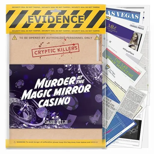 CRYPTIC KILLERS - Murder at The Magic Mirror Casino Cold Case Files Investigation, Includes CCTV Images, Coroner's Report, Surveillance Footage for Game nights and Dinner Parties 