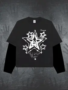 Men's Regular Fit Star Print Long Sleeve Tee, Casual Trendy Crew Neck T-shirt for Daily Wear, Men's Top for All Seasons, Tropical