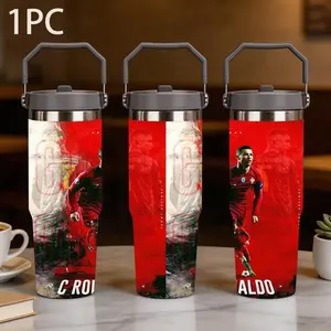 1pc 30oz large capacity portable thermal cup, Steel, printed with the red splash ink collage pattern of the Portuguese national team, Ronaldo wears the No. 7 shirt and plays the ball in an instant, suitable for the collection and use of Ronaldo fans
