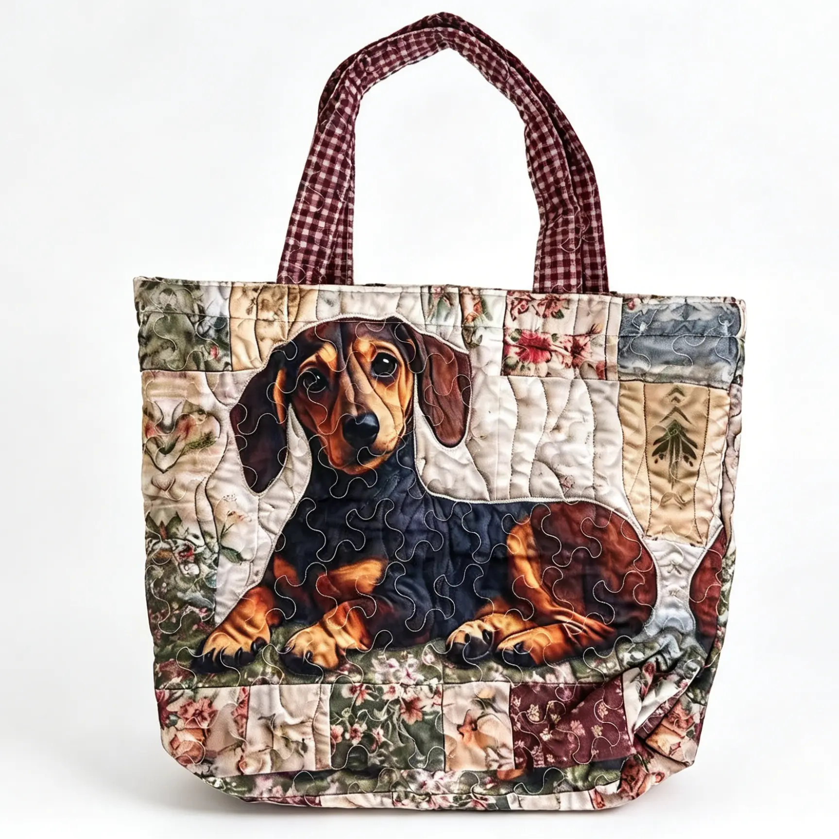 Vintage Patchwork Quilted Tote Bag Cute Dachshund Wiener Dog Floral Bohemian Large Capacity Shoulder Handbag For Women Daily Shopping Travel