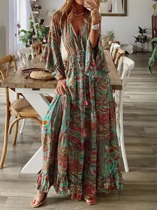 New Bohemian Style Flounce Sleeve Print V Neck High Waist Vacation Dress, Floral Long Dress for Women