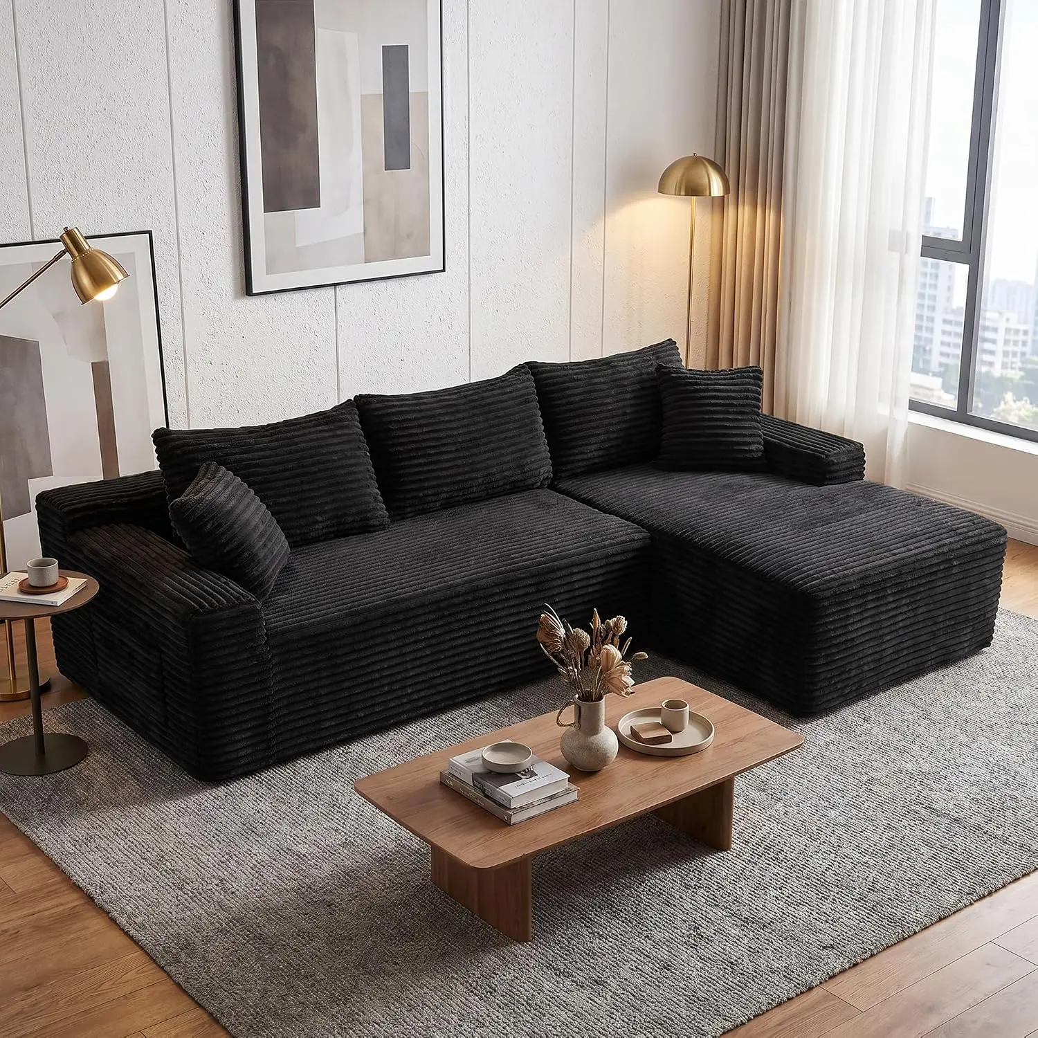 106.3" L-Shaped Cloud Sectional Couch, Left Facing Modular Compressed Boneless Sectional Sofa with Chaise Lounge, Plush Corduroy Boneless Corner Sofa for Living Room, No Assembly Required