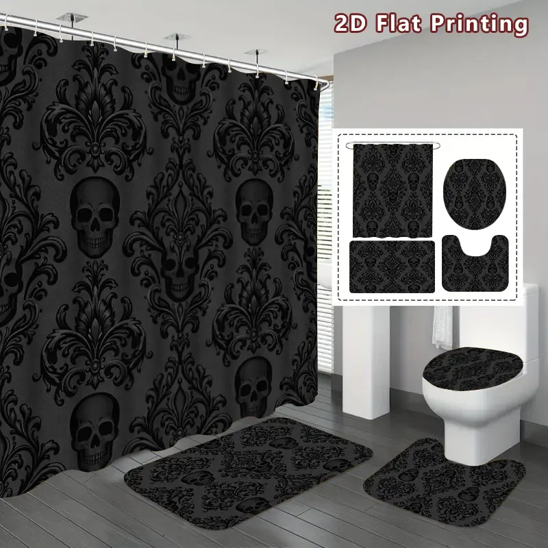 2D Flat, 4pcs Gothic Shower Curtain & Bath Mat Set with Toilet Cover - Dark Gray Damask Skull Bathroom Decor, U-Shaped Suitable for Home, Hooks Included, Hooks Suitable for Bath Accessories, Gothic Style for Seasons, 2D Flat
