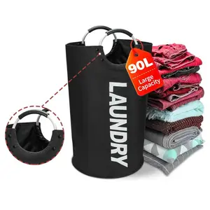 Upgraded 90L Laundry Hamper Extra Large Capacity Waterproof 600D Oxford Cloth Thickened Reinforced Handle Foldable Portable Dirty Clothes Organizer Multi Purpose Home Storage Basket