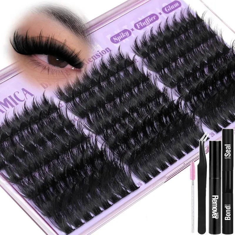 Dense Individual Eyelash Extensions 12-20mm, 144 Pieces Self-Made Lashes, Fluffy Cartoon Cluster, Glue Closed & Remover Tweezers Brush Kit, Eyelash Clusters
