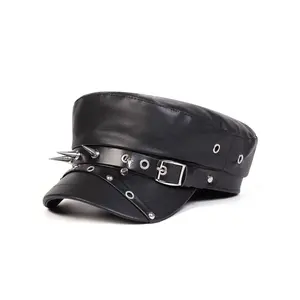 Unisex Anchor Chain PU Leather Navy Beret Hat, Adjustable Fitted Design, Casual Outdoor Sun Protection Cap for Spring & Fall Travel, Fitted Hats