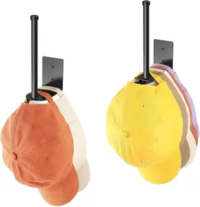 2 Pack Hat Rack Organizer – Wall Mounted Stainless Steel Cap Holder with Adhesive or Screw Mount – Closet or Door Hat Storage Rack – 6-Inch Black Hanger for Display & Organization