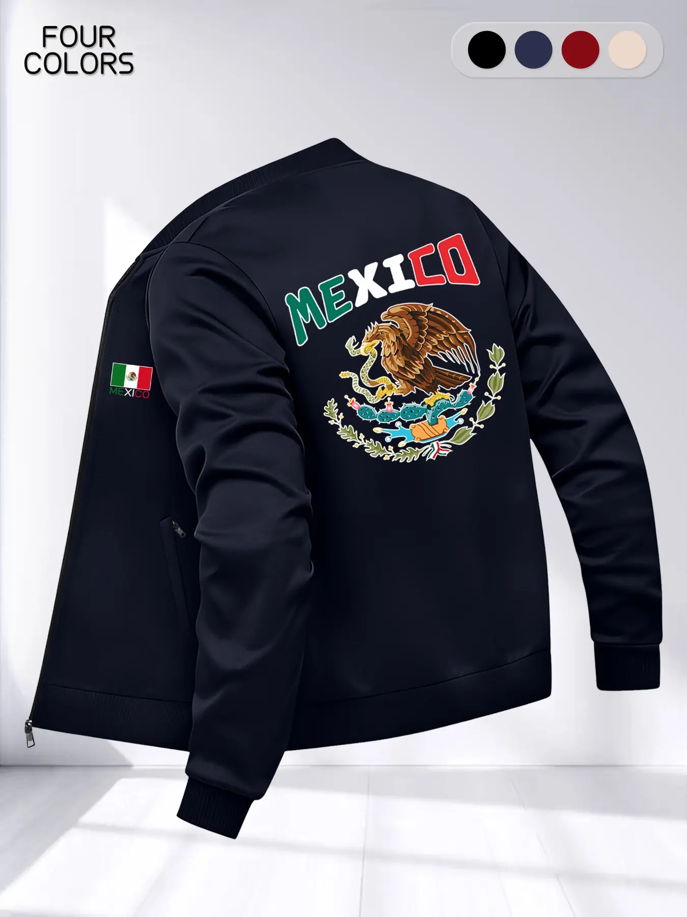 Men's Sport Jacket with Mexican Letter Print, Zipper Pocket Design, Street Casual Style, Long Sleeve, Loose-Fitting, Fall & Winter Fashion, Casual Sportswear Jacket, Sports Jacket, Athlete Jackets, Casual Athletic Jacket, Sporty Jacket, Sports Outerwear