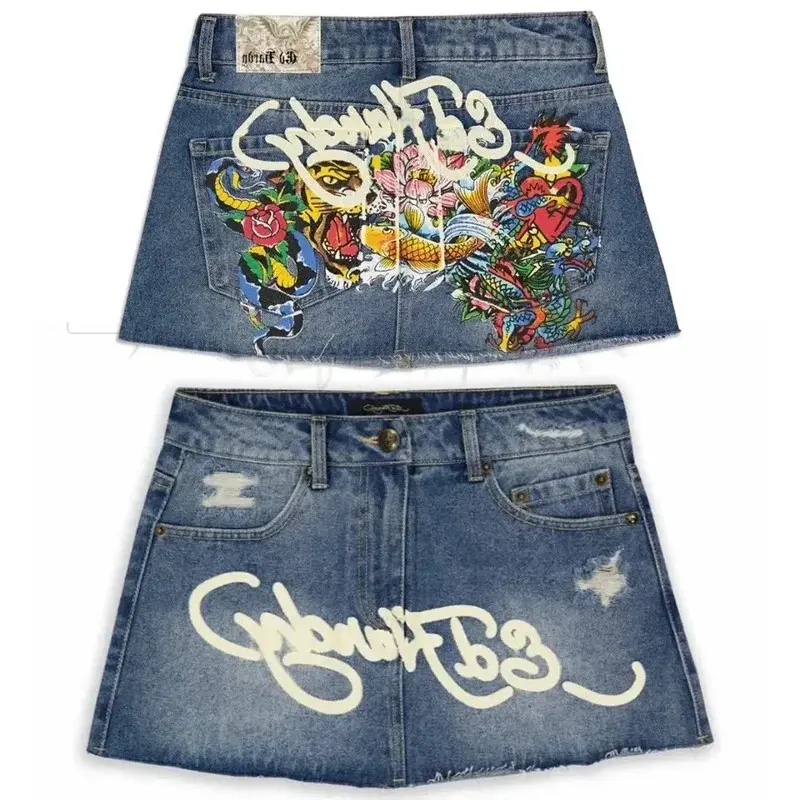 Women's High Waist Slim Fit Denim Skirt - Streetwear Harajuku Gothic Hip Hop Letter Print, Vintage Retro Blue Bottoms, Multi-Size, Travel-Versatile Denim Fabric Mini Skirt