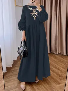 Women's Floral Embroidered Long Sleeve Dress, Classy Modest Dresses, Elegant Dress for Daily Wear, Ladies Clothes for All Seasons