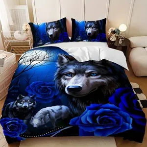 Bedding 3-piece set - 3PCS,Blue and Black Moonlit Wolf and Blue Rose Design Down Comforter Set (1 comforter cover + 2 pillowcases, filling not included) - soft and comfortable, suitable for family bedrooms.
