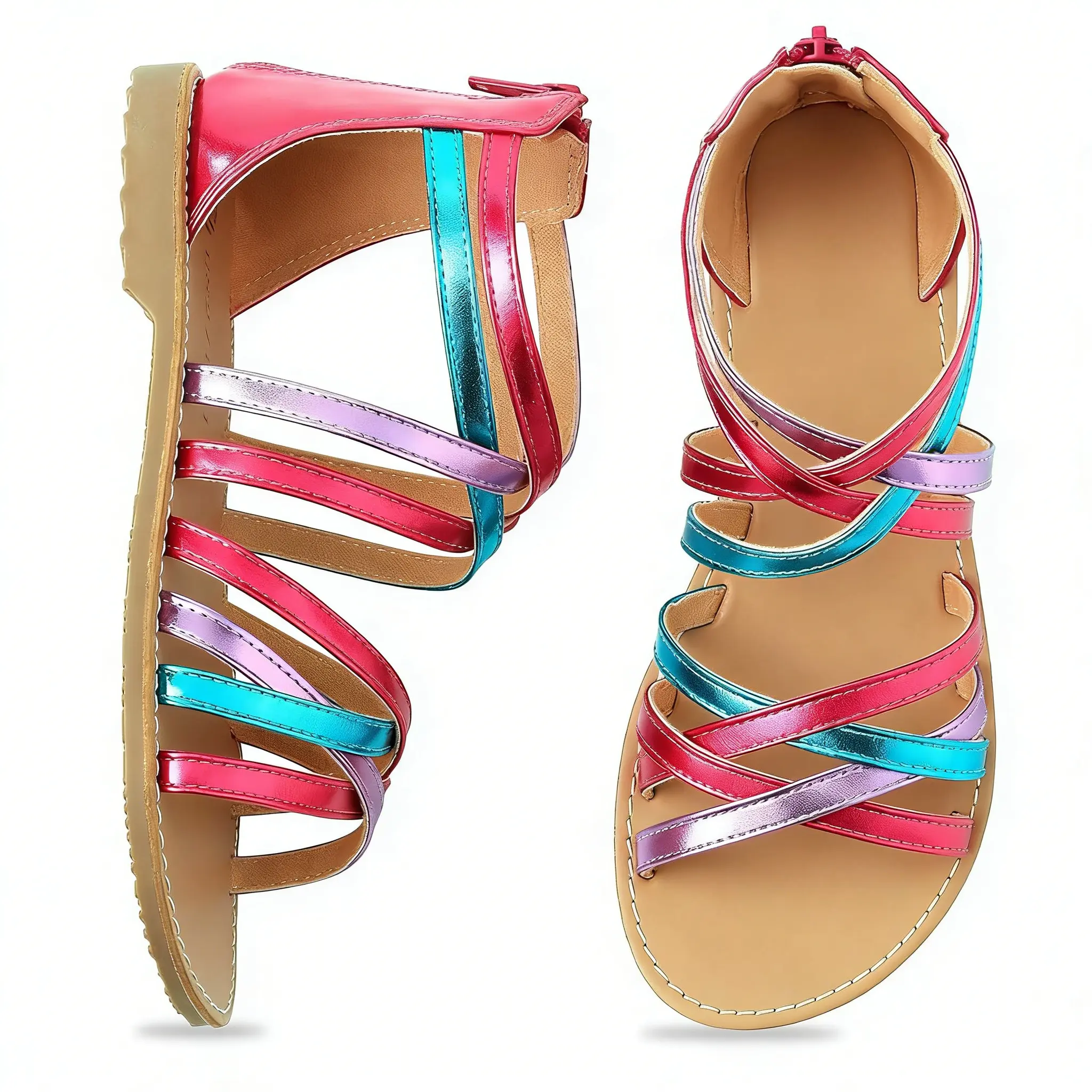 SHOESLOCKER Girls' Gladiator Sandals, Rose Gold Strappy Open Toe Footwear with an Easy On Back Zipper and Non-Slip Grip for Play, Open Toed Sandals, Strappy Sandals