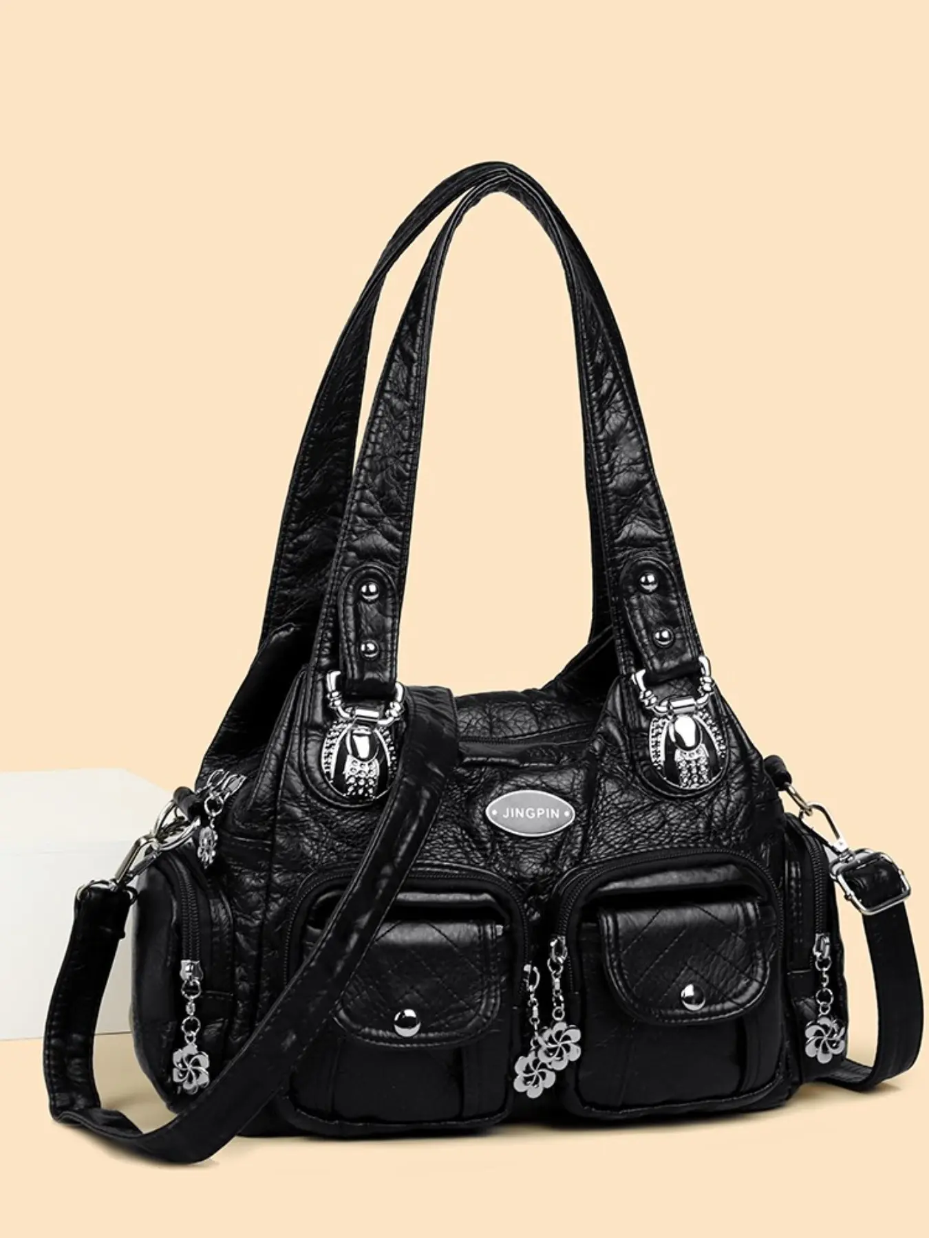 Trendy Rhinestone Flower Pendant Tote Bag, Large Capacity Soft PU Leather Crossbody Shoulder Bag, Multi-Pocket Quilted Design, Versatile Commuter Mom Bag, Embellished Shoulder Bag, Rhinestone Decorated Bag