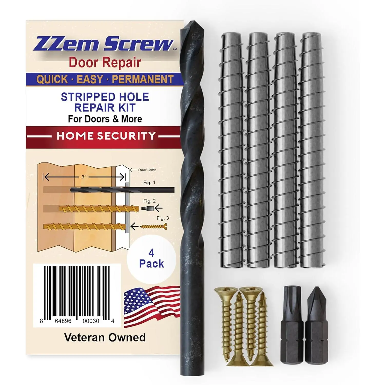 4-PK - #9x3 Permanent Door Hinge Repair Kit – Easy Stripped Screw Hole Repair – Reinforce Door Hinges, Strike Plates & Door Jamb Repair – Quickly Fix Stripped Hinge Screws in Minutes - Made in USA