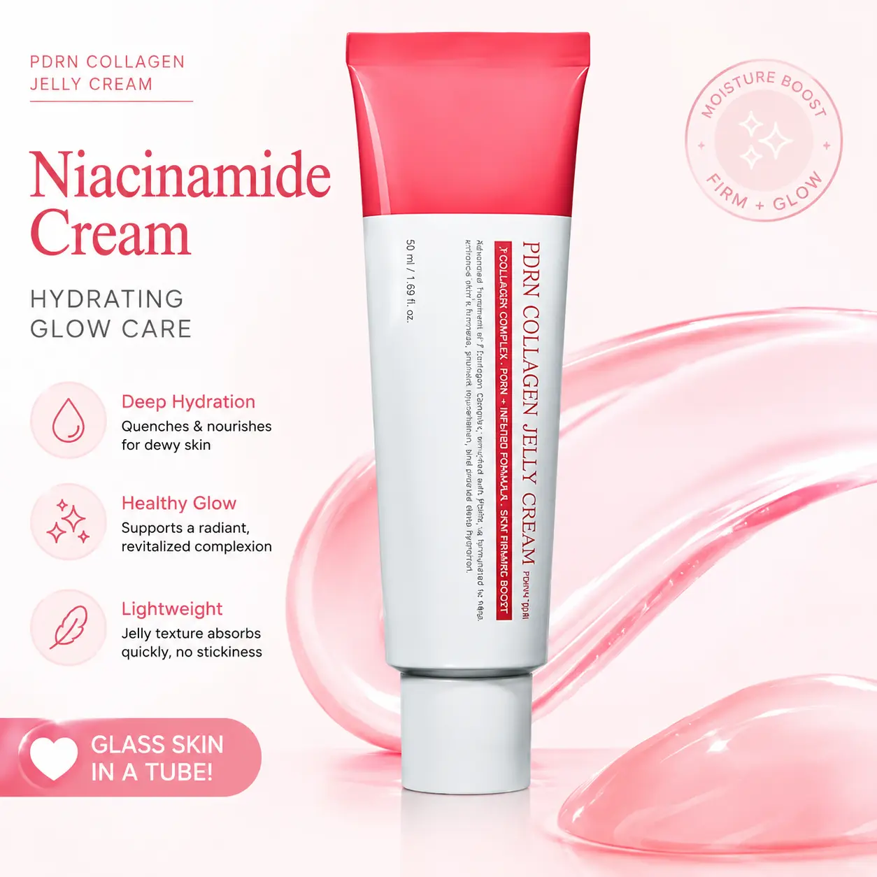 PDRN Collagen Jelly Cream with Niacinamide, Lightweight Face Moisturizer for Dewy Glow, Hydrating Jelly Texture Skincare, Korean K Beauty Facial Cream, Daily Moisture Care Cream, Smooth Soft Finish Beauty Routine for All Skin Types