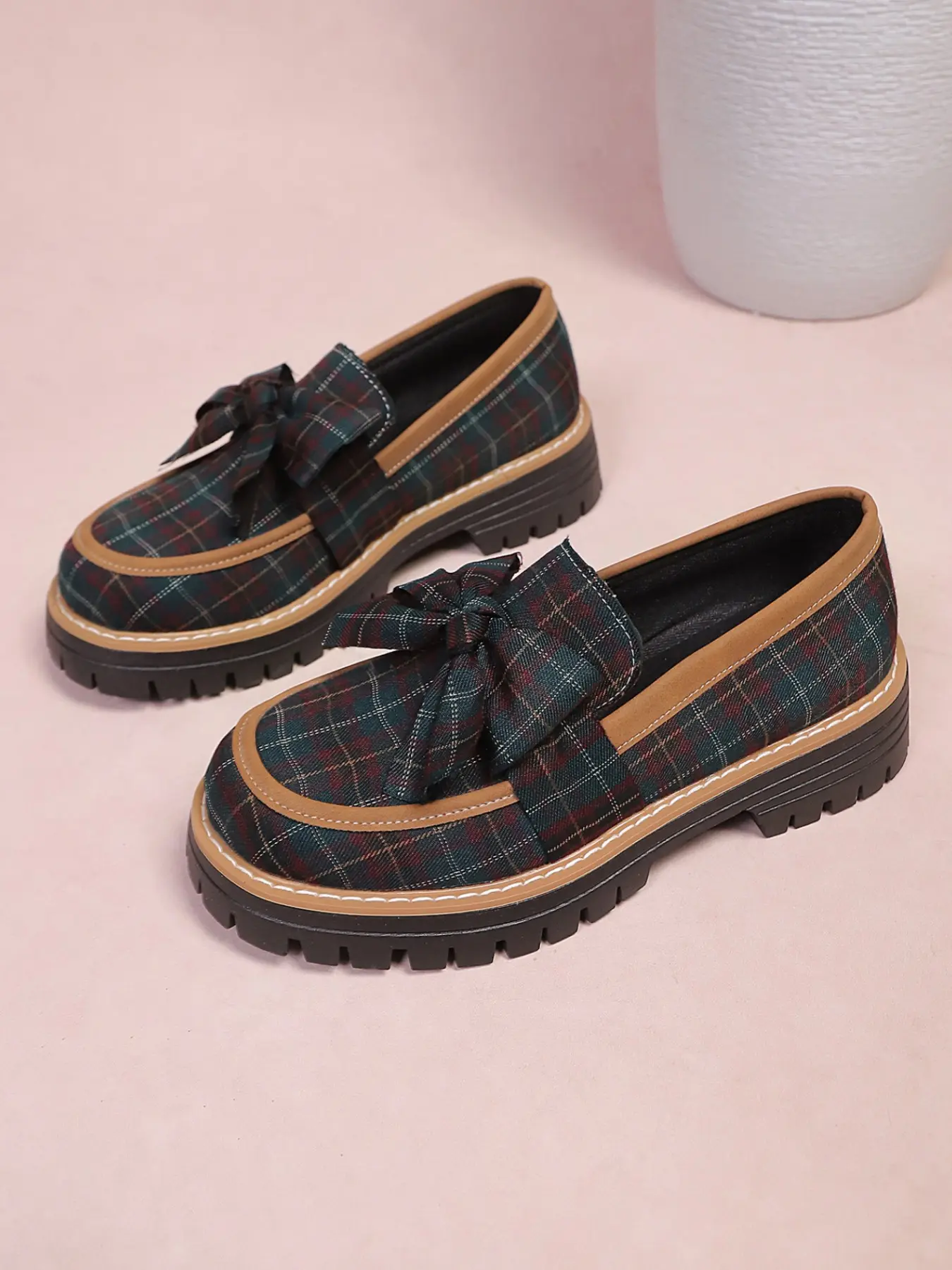 Women's Loafers Flat Spring & Fall 2026 New Plaid Bow British Style Small Leather Shoes, Casual Textile Upper PVC Sole Fashionable Loafers
