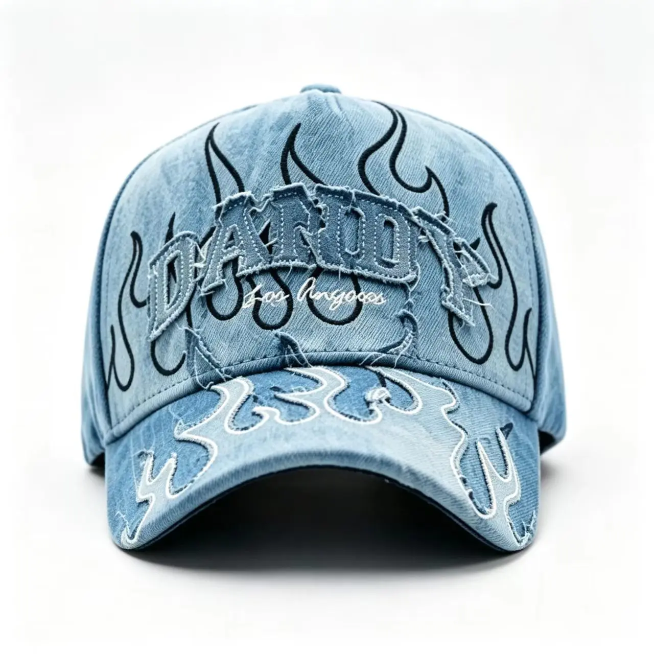 2026 Light Blue Denim Baseball Cap, Black White Flame Embroidery,Retro Streetwear Snapback Hat for Women Men