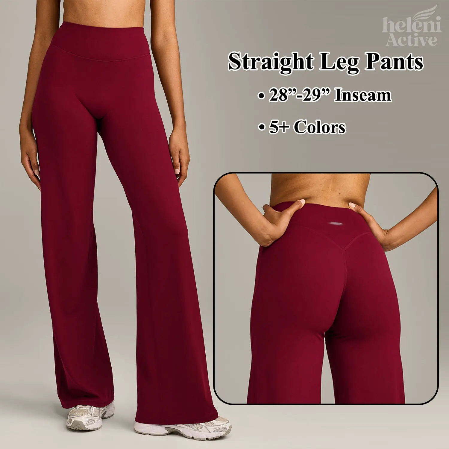 (Emb. Logo) Heleni Active SoftMotion Straight Leg Bottoms For Women, 28"-29" Short Inseam Activewear Fitness Leggings