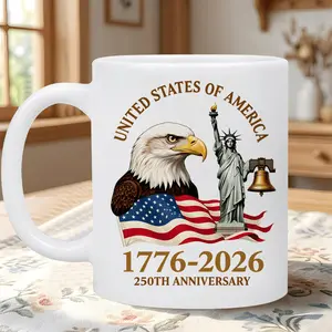 1pc USA 1776-2026 250th Anniversary Mug - 11oz Ceramic Cup with Eagle & Statue of Liberty Design, Dishwasher Safe Suitable for Patriots, History Buffs, Collectors, Gift for Celebration, 250 Years of History Commemorative