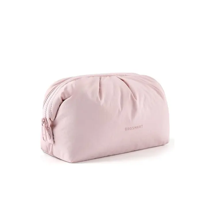 BAGSMART Makeup Bag Travel Toiletry Bag, Cute Make Up Bag, Large Capacity Cosmetic Bags for Women, Wide-open Makeup Pouch Travel Essentials Toiletries Accessories Brushes (Pink)