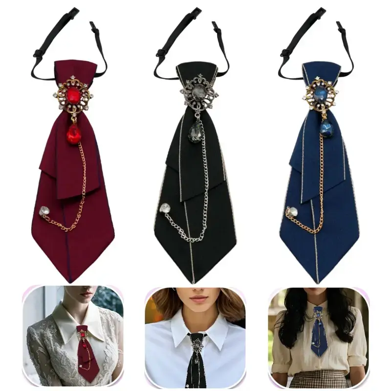 3Pcs Adjustable Pre-tied Bow Ties, Crystal Rhinestone Decor Neck Bow for Women | Elegant Polyester Uniform Tie with Brooch Chain Detail | Versatile Formal Casual Accessory, Perfect for School Uniform, Party, Wedding, Business Daily Outfit Decoration
