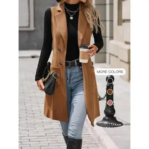 Women’s solid suede vest blazer with lapel neck and button decor, casual sleeveless design Longline open-front outerwear with pockets for spring and fall, women’s clothing for everyday wear