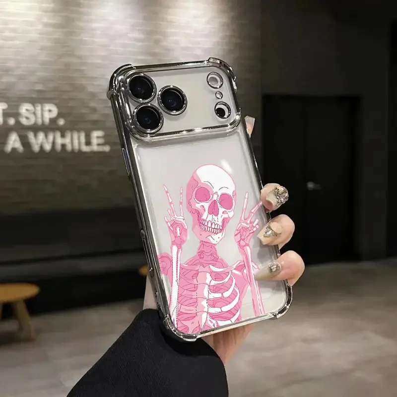 Pink Skull Skeleton Peace Sign Protective Smartphone Case - Skin-Friendly Flexible Shell, Anti-Slip Grip, Shockproof, Wear-Resistant Handheld Accessory for iPhone 17 Air, 16 Pro, 15, 14 Plus, 13 Pro Max, 12, 11 Cellphone Devices