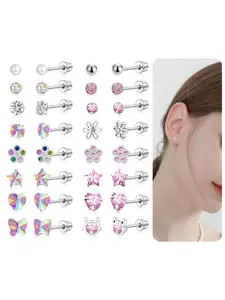 16 Pairs Screw Back Stud Earrings for Women Stainless Steel Stud Earring Round Pink Multicolored CZ Pearl Heart Star Butterfly Flower Cat Shape Flat Back Cartilage Stud Earring 20G Silver Tone Valentine gift