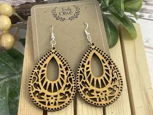 Teardrop Shape Wood Mandala Earrings
