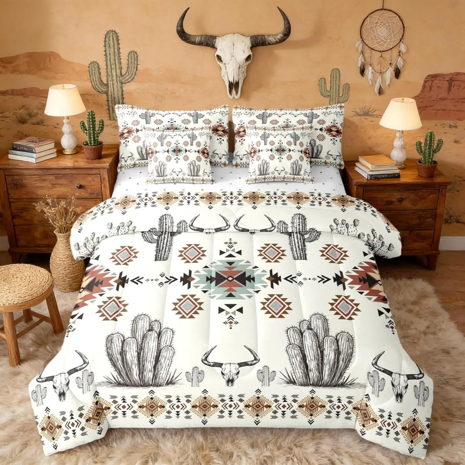 Feelyou 7-Piece Khaki Southwestern Bedding Set with Sheets - Vintage Western Aztec, Rustic Country Geometric, Boho Tribal Design - Queen & King Options for Women Adults, Queen Comforter Set, Comforter Set King
