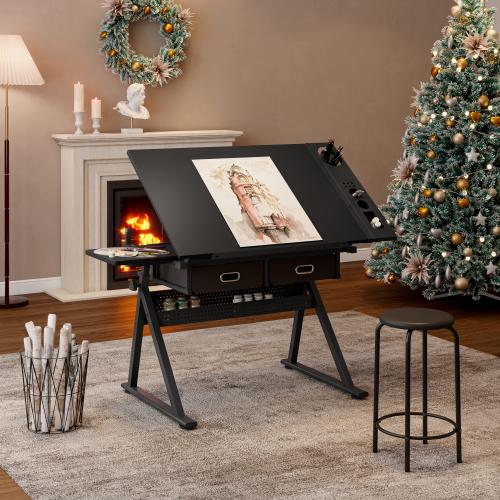 Bellemave  Adjustable drawing drafting table desk with 2 drawers for home office and school with stool