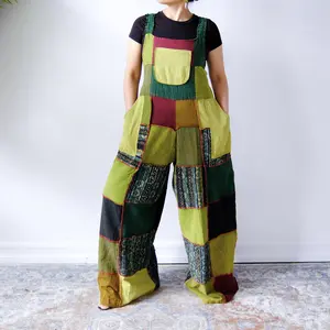 Solid Patchwork Wide Leg Jumpsuit with Pockets - Handmade Cotton Festival Jumper for Women - Bohemian Style, Baggy Fit, Colorful Patches, Elastic Back, Free Size up to 3XL