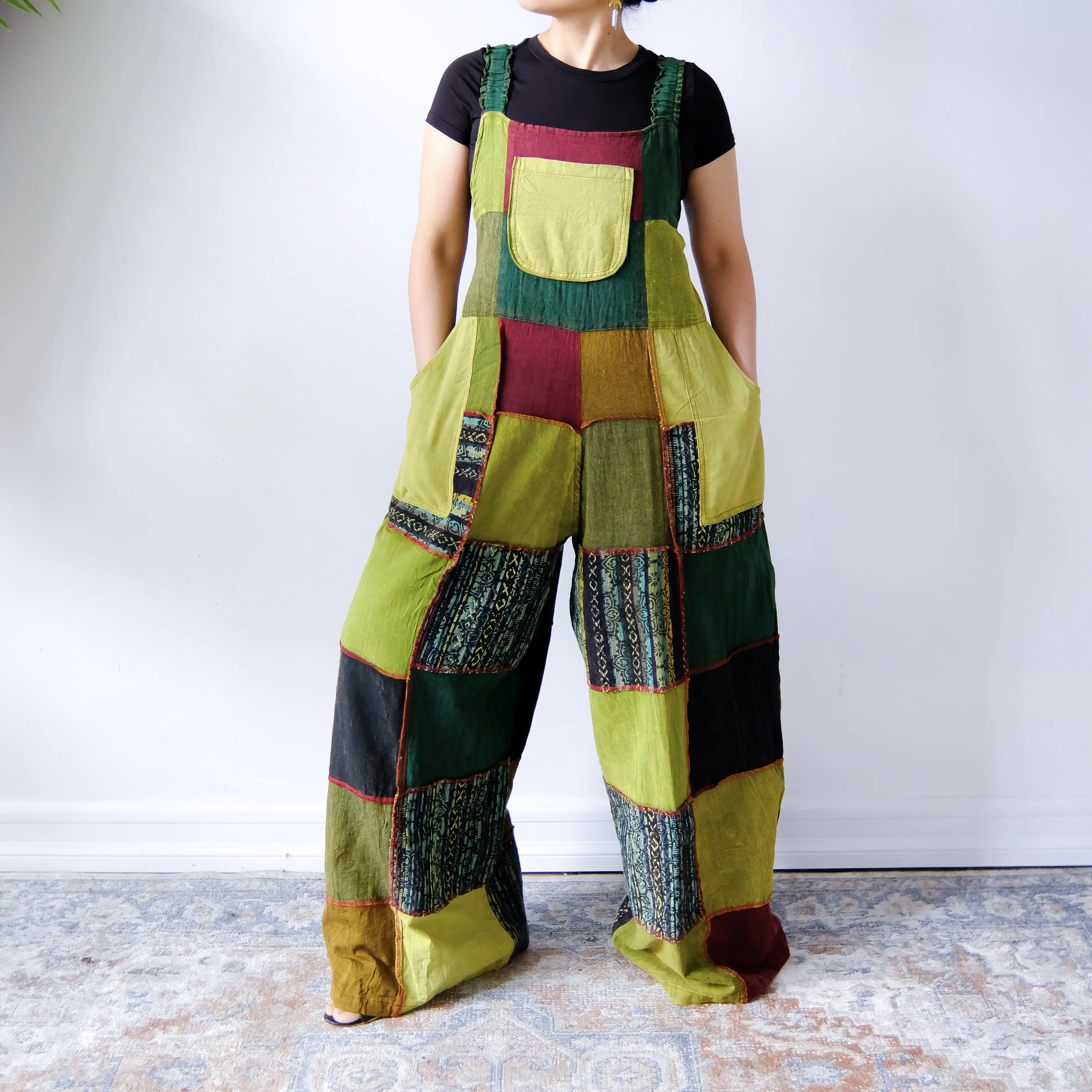 Women's Handmade Cotton Jumpsuit - Wide Leg, Strap-Free, Breathable, Baggy Harem Style, Solid Patchwork Print, Adjustable Elastic Back, Pockets, Casual Button Accent, Free Size Up to 3XL, Bohemian Festival Wear