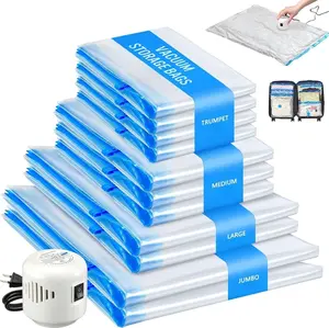 15 Pack Travel Vacuum Storage Bags with Electric Pump, 5 Large+5 Medium+5 Small Vacuum Sealer Bags, 80% Space Saver Bags for Luggage, Comforters,Blankets, Travel Essentials