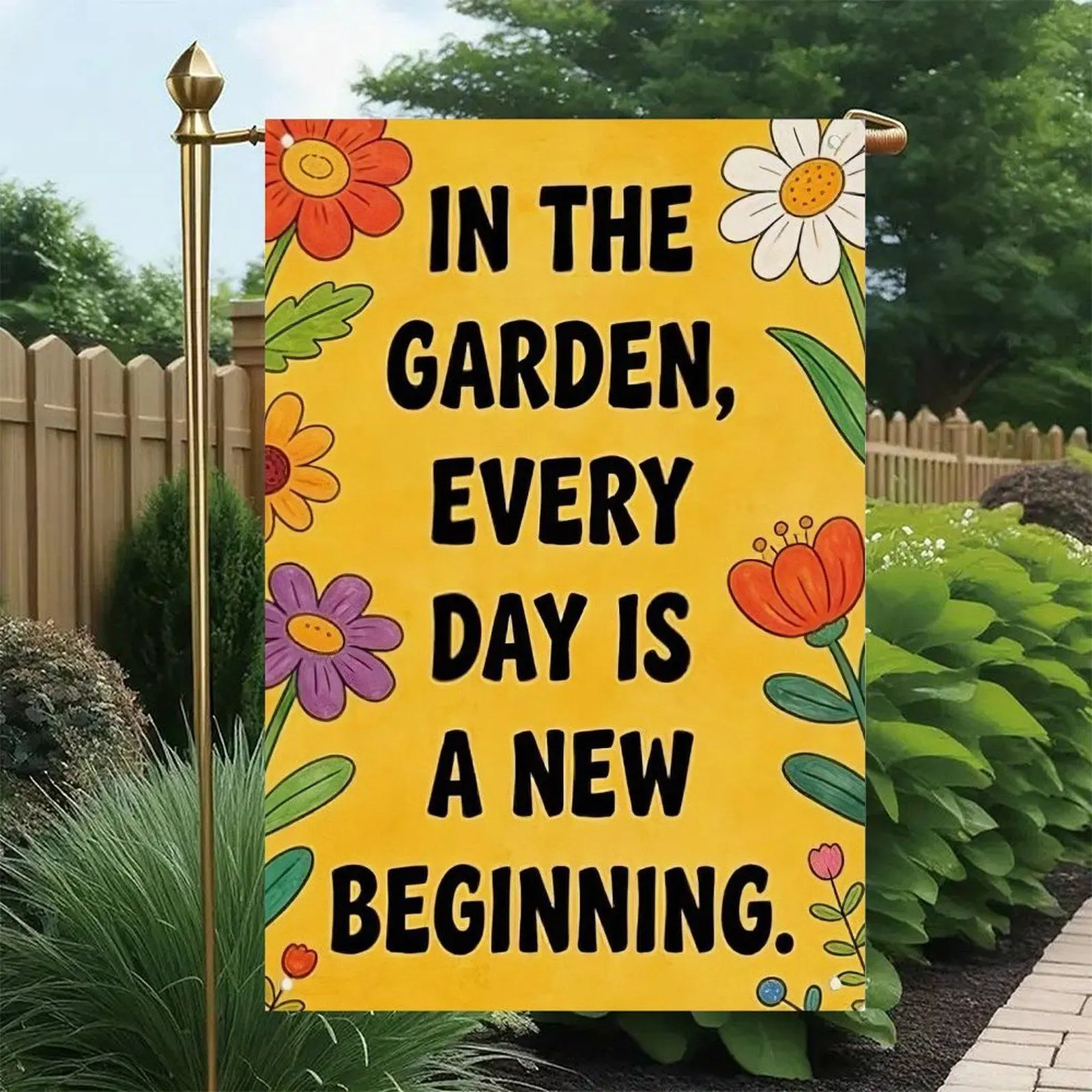 In The Garden Every Day Is A New Beginning Bright Yellow Background Multicolor Wildflower Spring Inspirational Garden Flag Double-Sided 12x18in, Positive Gardening Front Yard Decor Banner