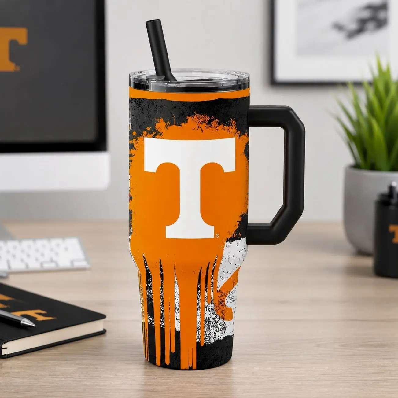 Tennessee Volunteers 40oz Tumbler with Handle, UT Orange Paint Drip Quencher, College Football Tailgate Mug, Insulated Steel Cup