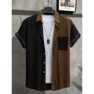 Retro-Inspired Men's Color Block Corduroy Short Sleeve Shirt with Chest Pocket - Casual Summer Fashion, Button-Up, Non-Stretch Polyester Fabric
