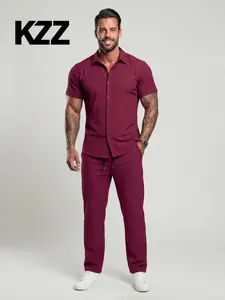 KZZ Men's Maroon Button-Front Shirt & Drawstring Pocket Trousers Set - Casual Short Sleeve Fitted Shirt & Elastic Waist Trousers for Summer Wear - Formal Menswear, FallFreshness Shortsleeve christmas gifts for him SpringStatements